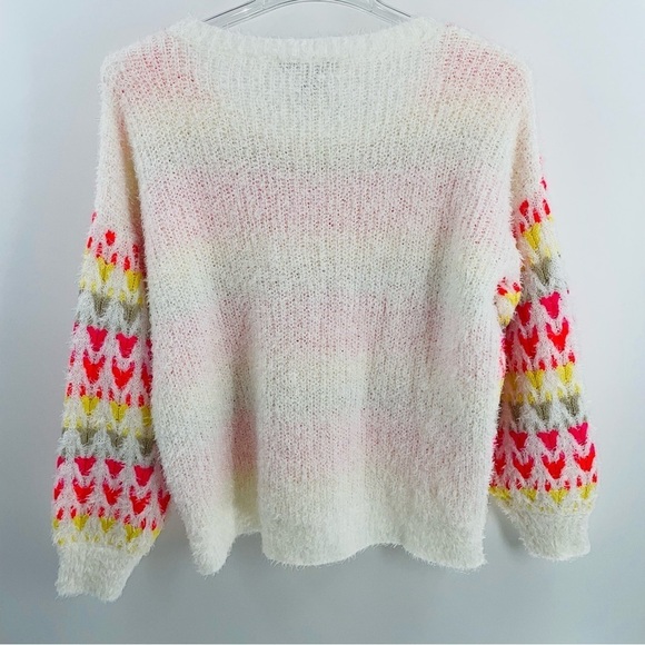 American Rag Crew Fuzzy Soft White Eyelash Tan Neon Pink Orange Yellow Sweater - Picture 5 of 8